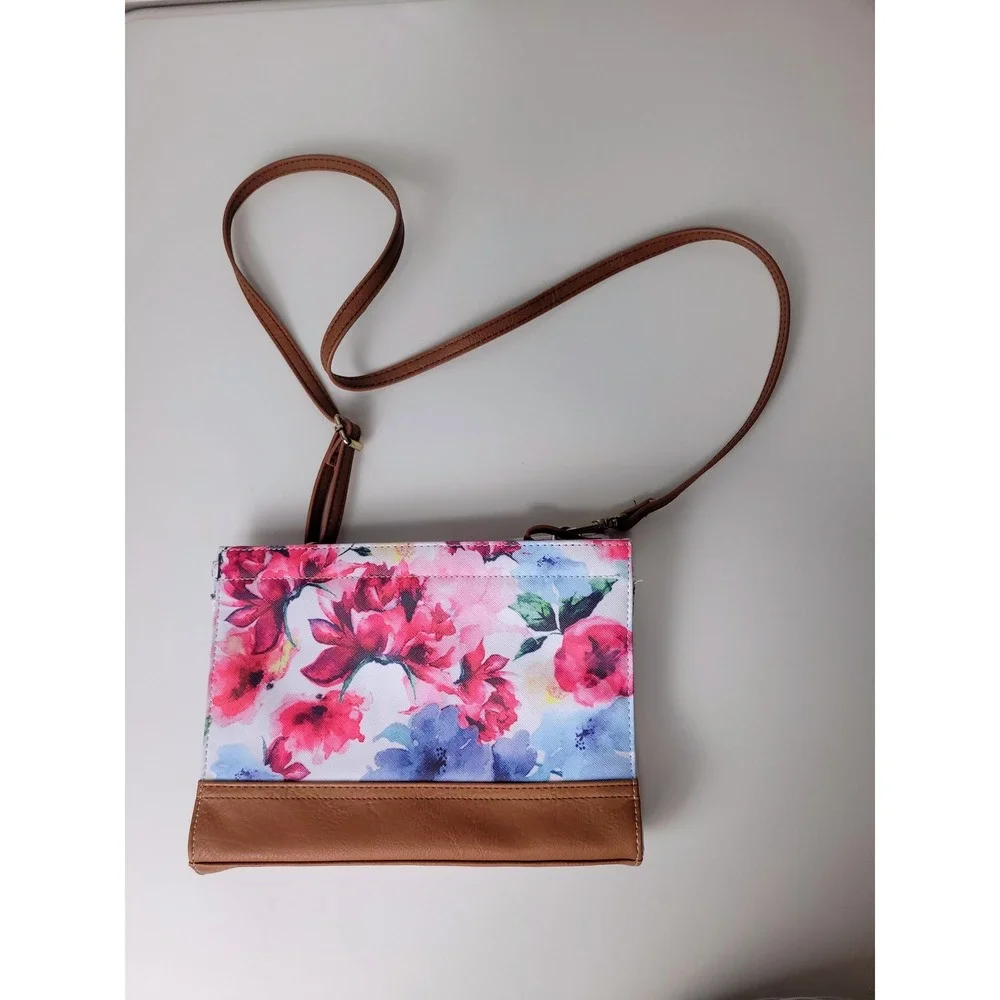 Bueno Floral Crossbody Bag Pink Blue Watercolor Flower Print Tan Faux Leather